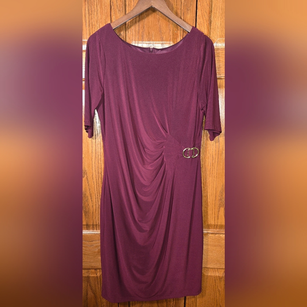 JH Burgundy Midi Poly Spandex Short Sleeve Pencil Cut Drape Round Neck S…